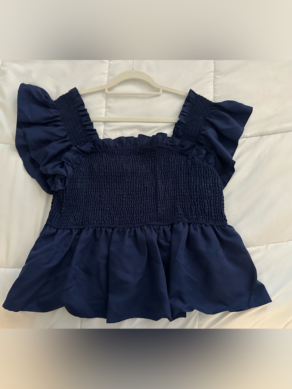 SHEIN Navy Smocked Ruffle Sleeve Peplum Top